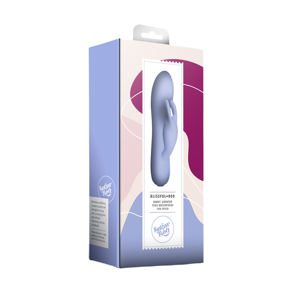 Sugar Boo Blissful Boo rabbit vibrator, in box and on a plain background