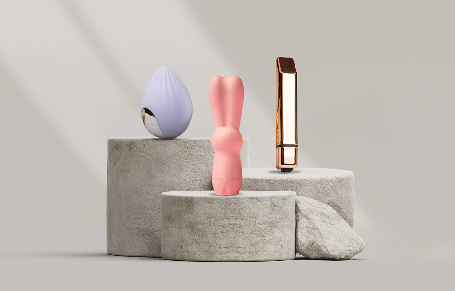 Collection of various discreet vibrators on a stone podium from different ranges and styles