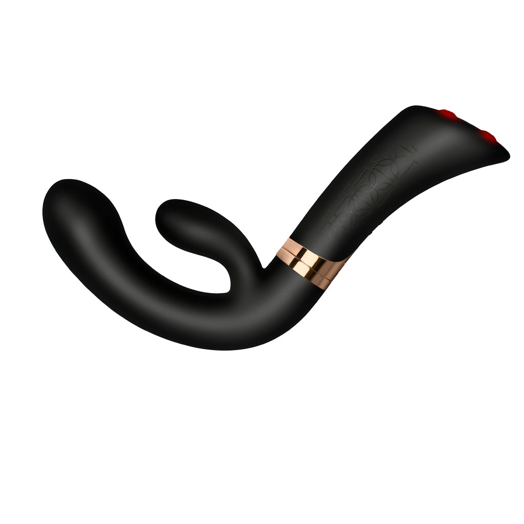 FUZION Enigma dual motor rabbit vibrator showing flexible G-spot curve and rose gold accent trim