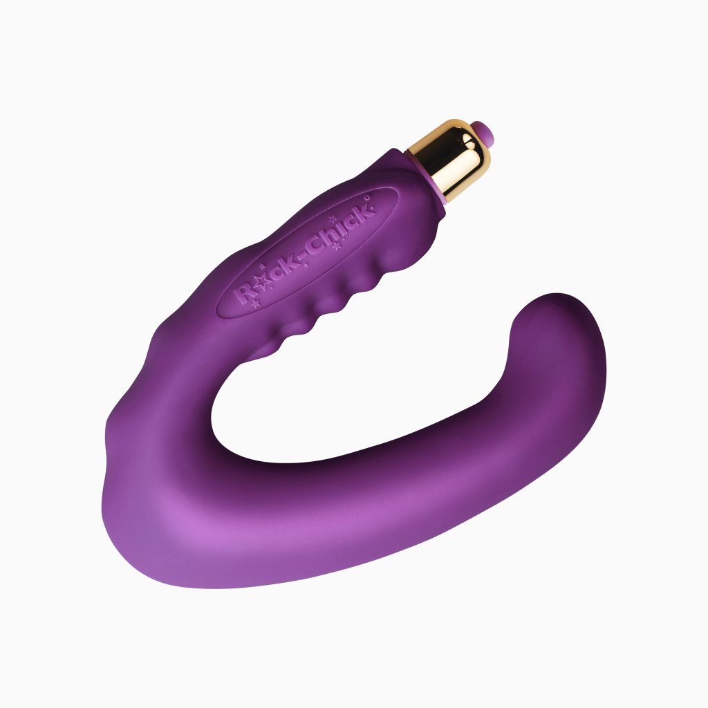 Purple silicone personal massager, embossed Rock-Chick logo and gold-toned end