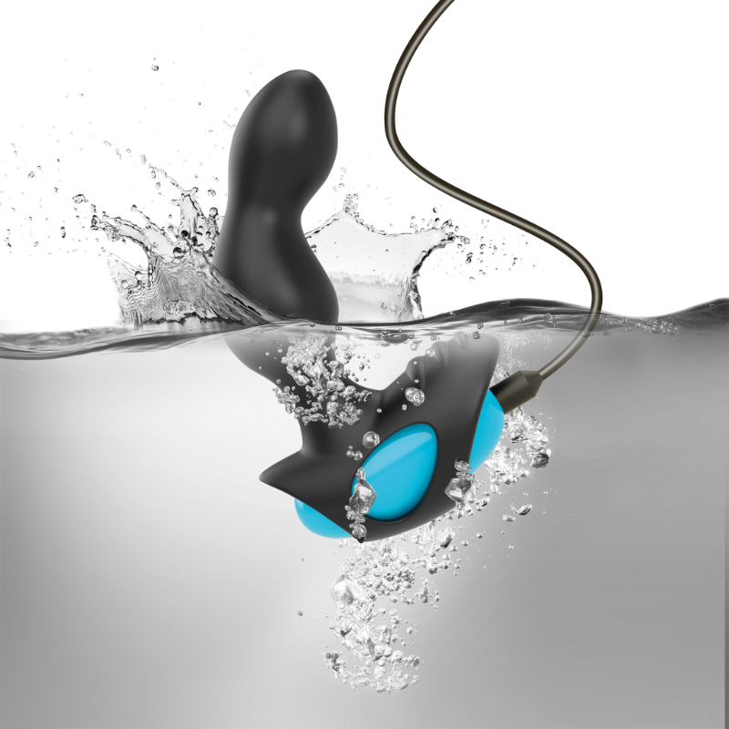Black silicone anal plug with turquoise insert and water-splash effect