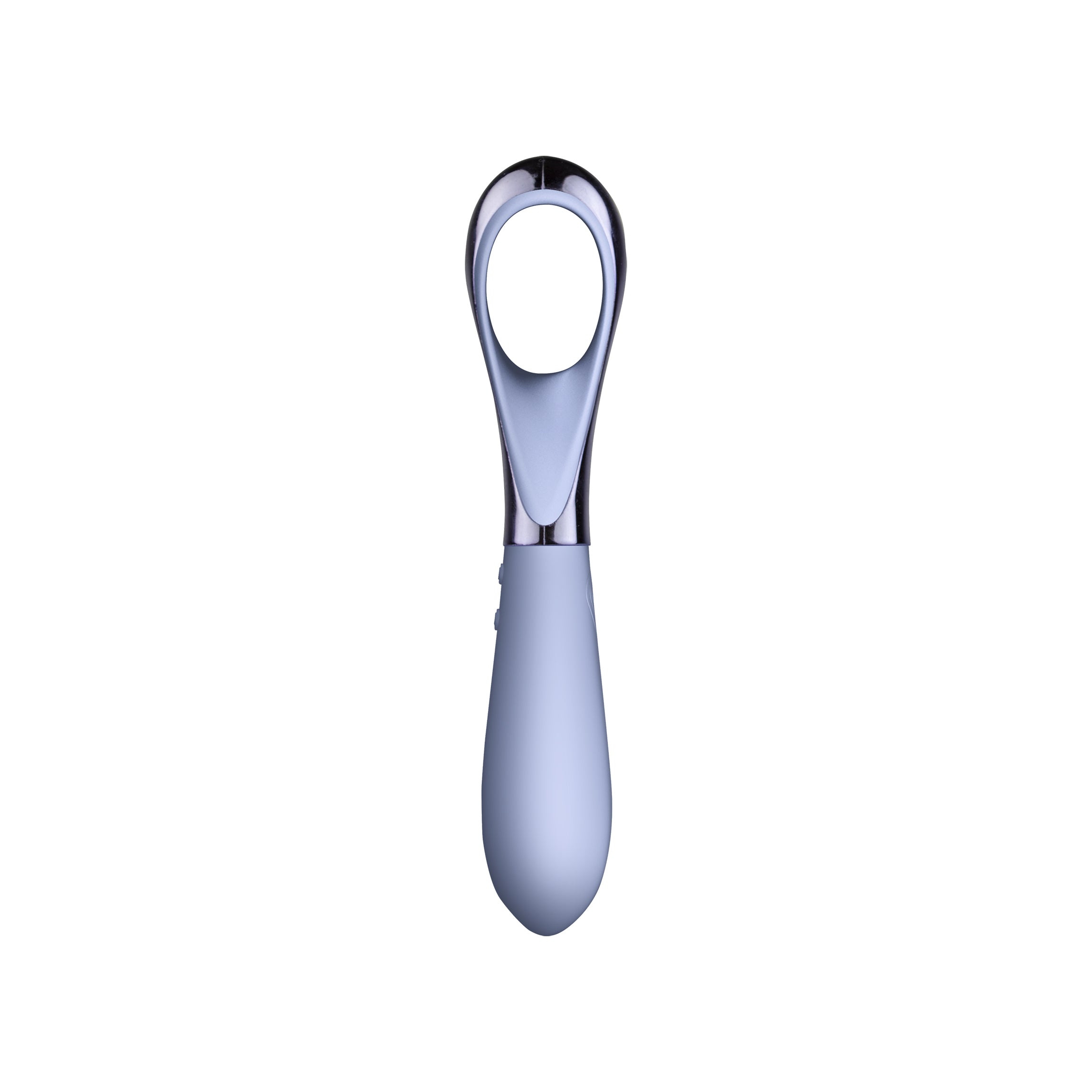 A light blue and silver Niya Finger Vibe with a looped head, shown vertically against a plain white background. Front Shot