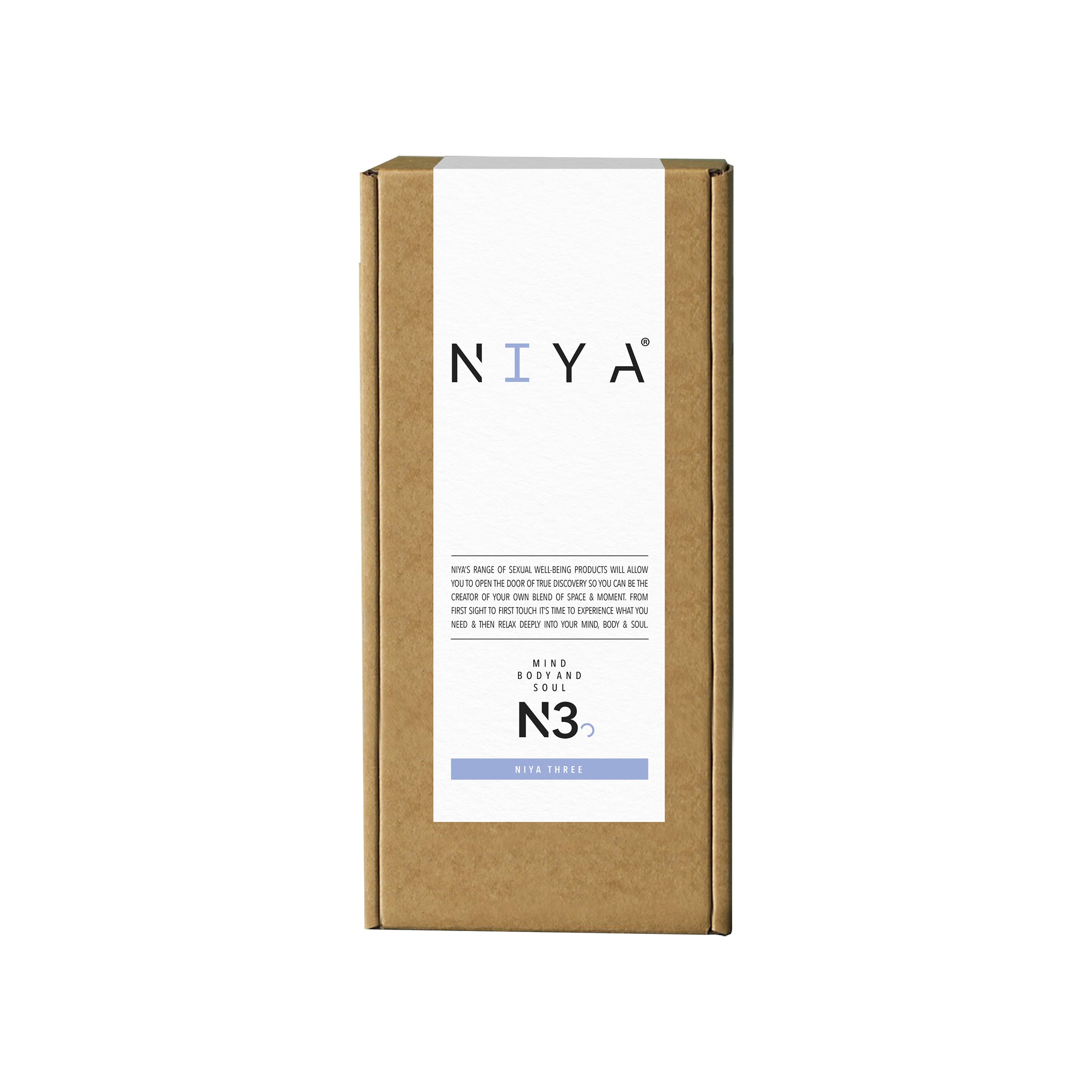 A tall rectangular brown kraft paper box with a white front label. Niya Finger Vibe