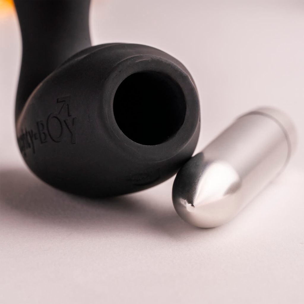 Naughty-Boy black silicone butt plug, open end and silver metal tip