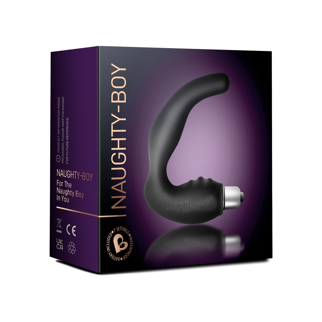 Naughty-Boy butt plug box with black silicone plug illustration and silver tip
