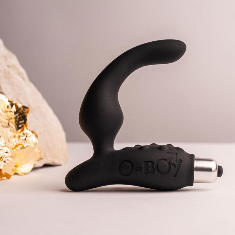 Black silicone anal plug with flared tip and metal base, O-Boy logo