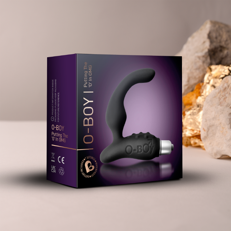 O-Boy anal plug in retail box, black silicone with metal base