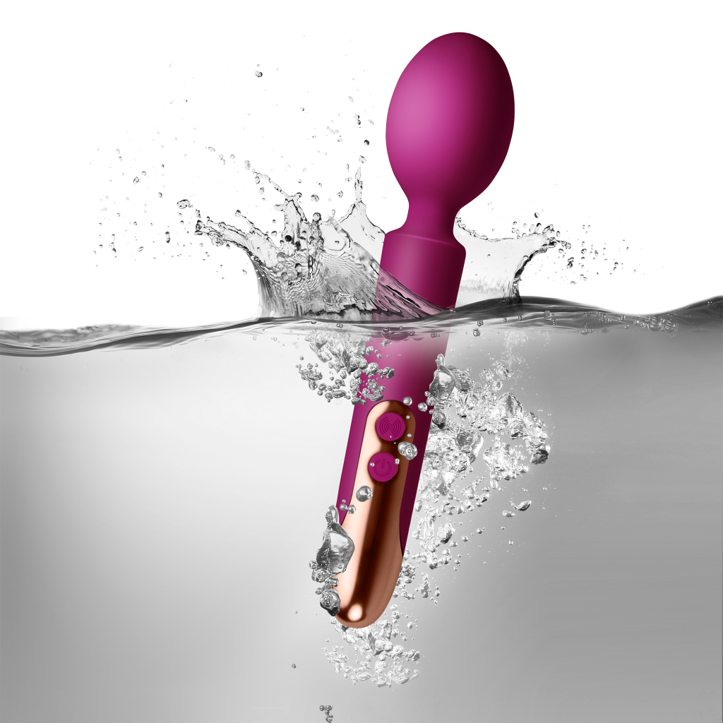 Purple rechargeable wand with purple head; orange-brown handle with two button controls