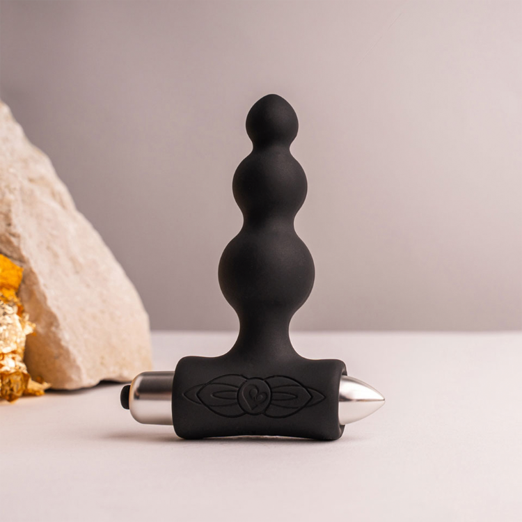 Black silicone vibrating anal beads with three rounded bulb tips and metal base