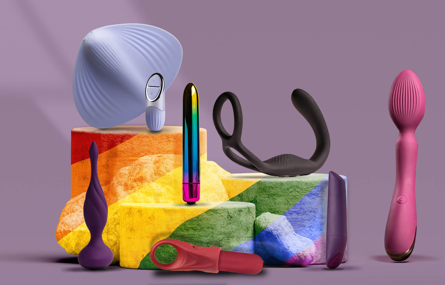 collection of products picked to celebrate pride including bullets, anal toys and wands