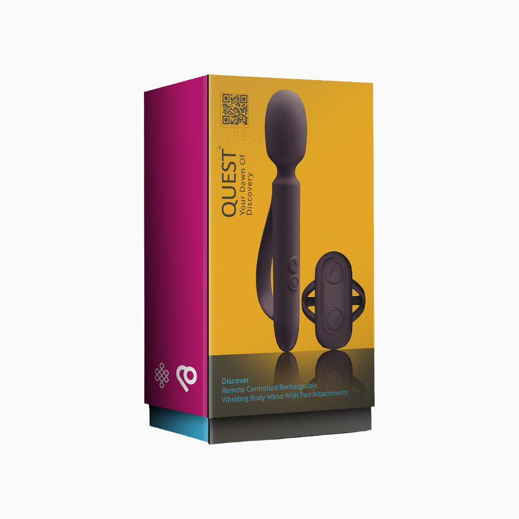 Quest Discover massager kit box with purple-and-gold design and QR code
