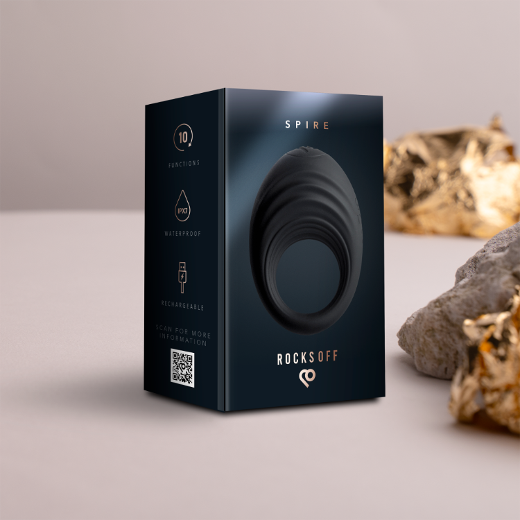 Black product box showing a coiled ring design and feature icons