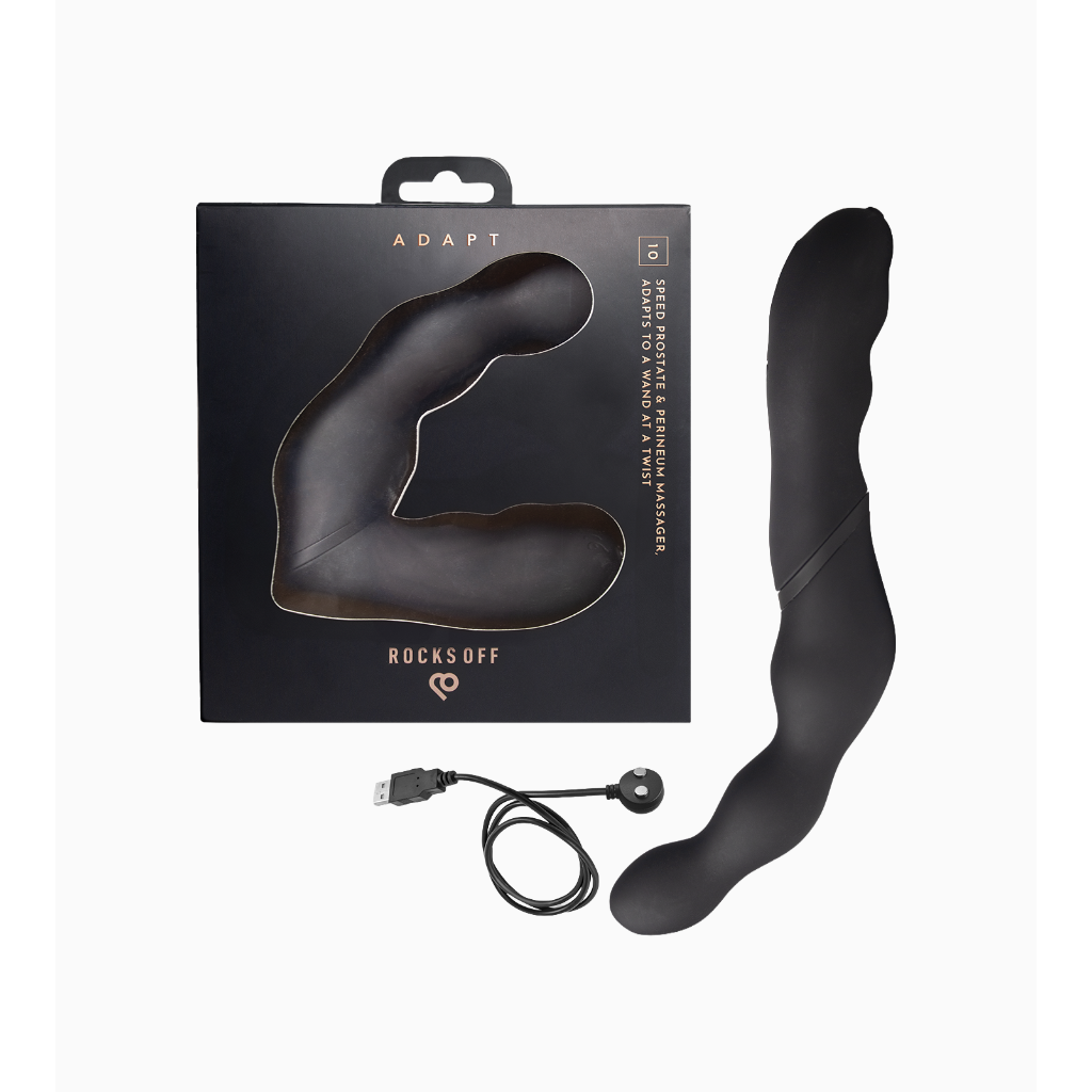 Dual motor prostate and anal massager in black silicone, boxed with controller cable