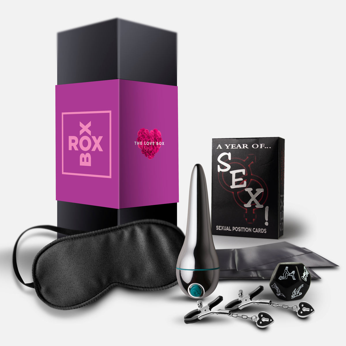 The Love Box couples pleasure kit, product packaging and accessories