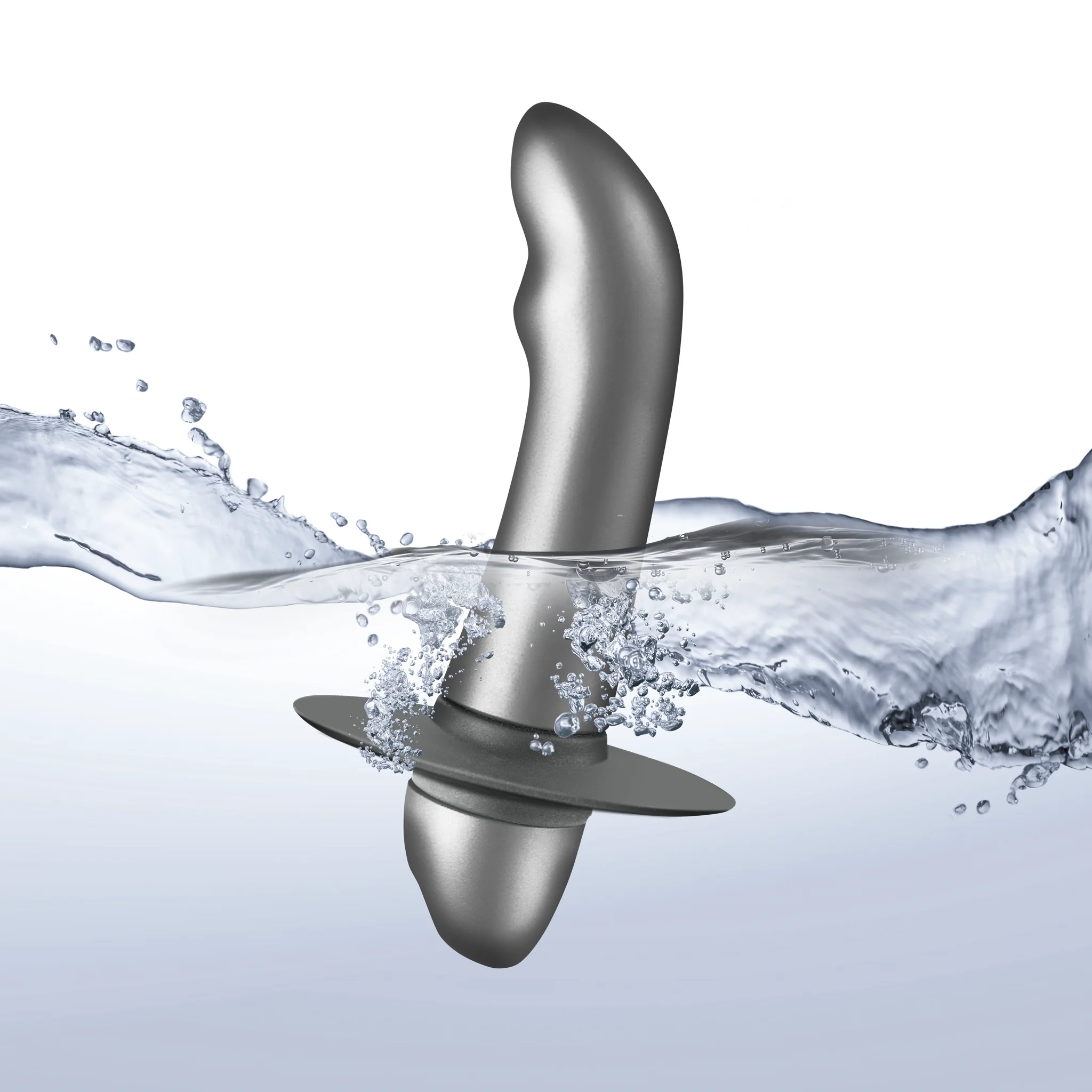 Metallic plug with wide base and flared tip, water splashes around shaft