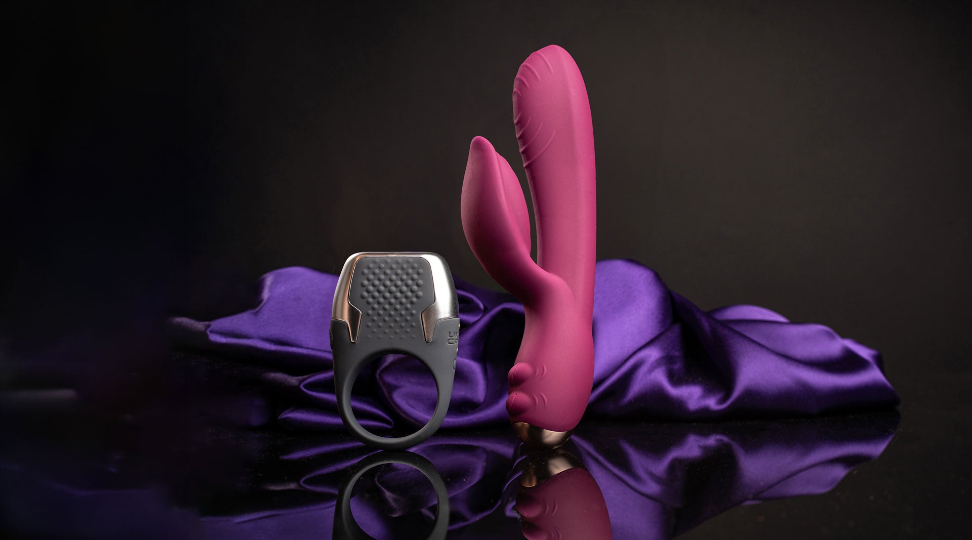 Grey cock ring and burgundy petal eared rabbit vibrator set.