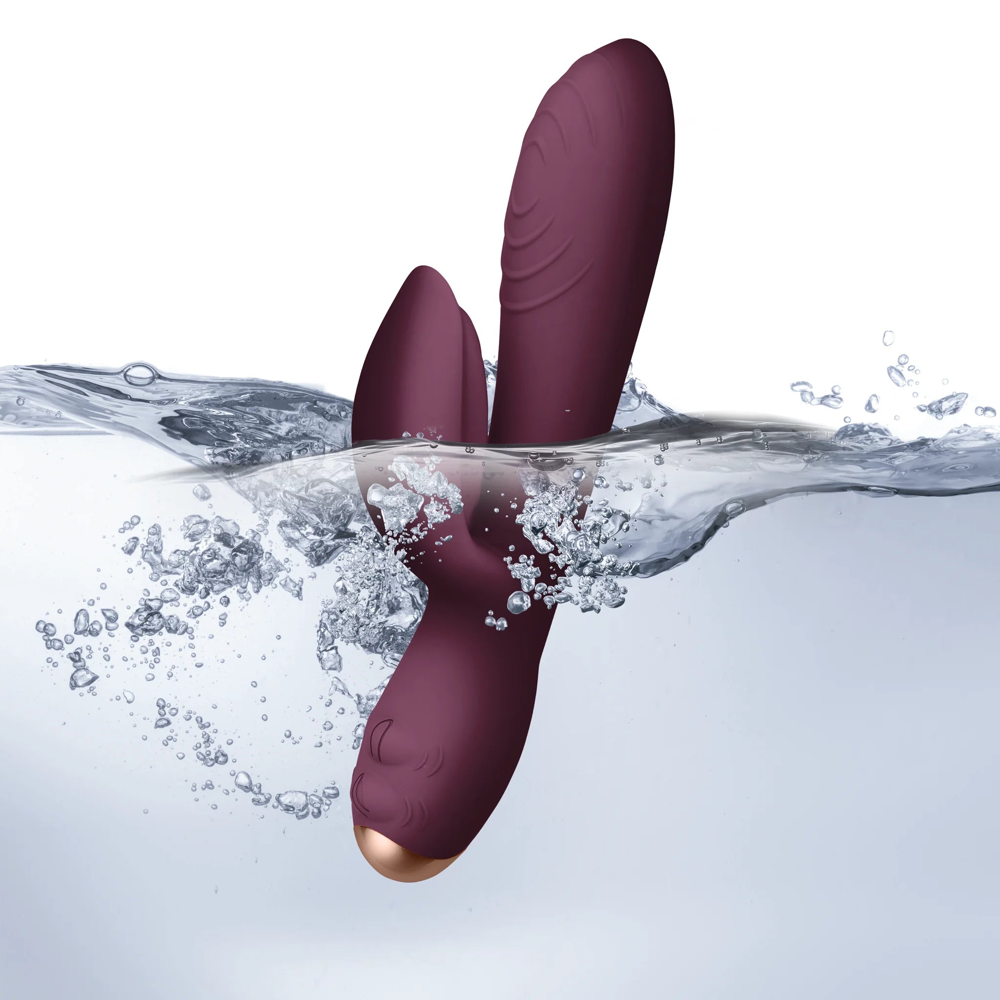 Burgundy rabbit-style massager with two curved tips, splashed with water