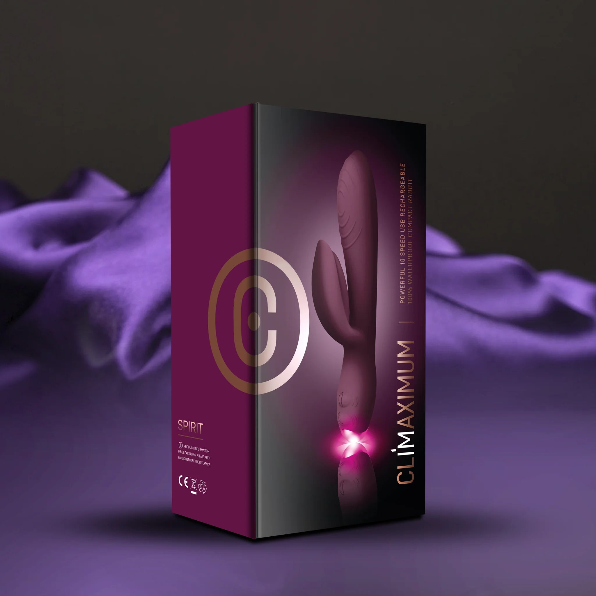 Climaximum Spirit box for a rabbit-style massager, shown with two tips