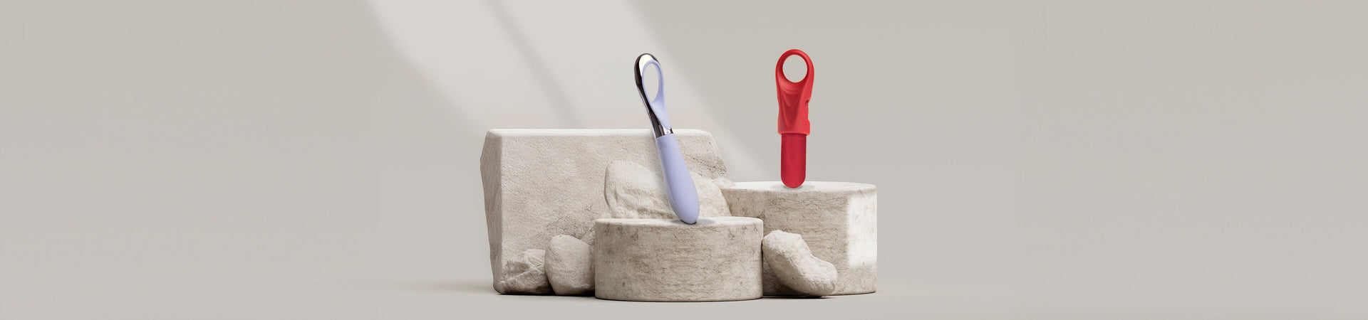 Collection of finger vibrators on a stone podium from different ranges