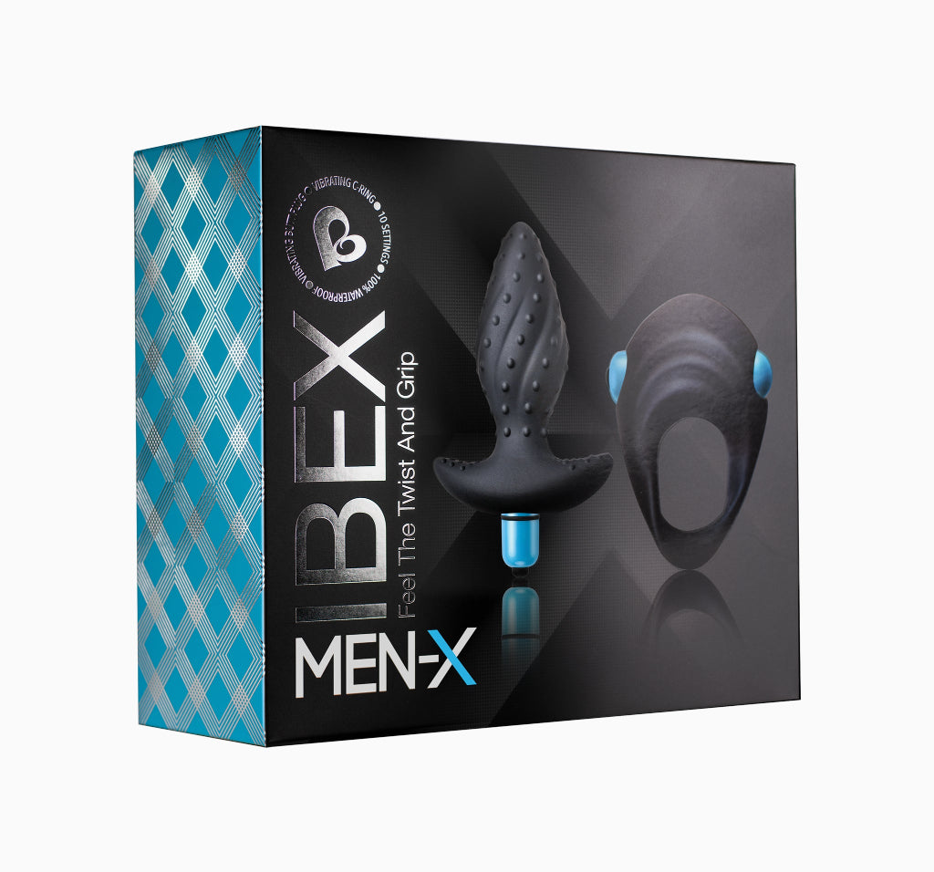 Men-X gift box featuring a blue-and-black textured anal plug set