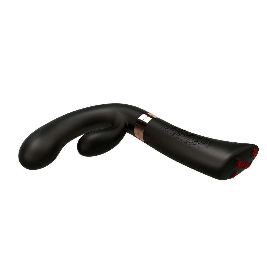 Low-profile view of FUZION Enigma silicone shaft and textured clitoral stimulator