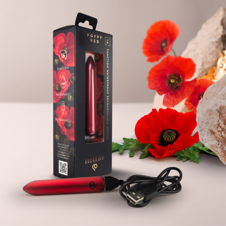 Red rechargeable bullet vibrator with product box and USB charging cable.
