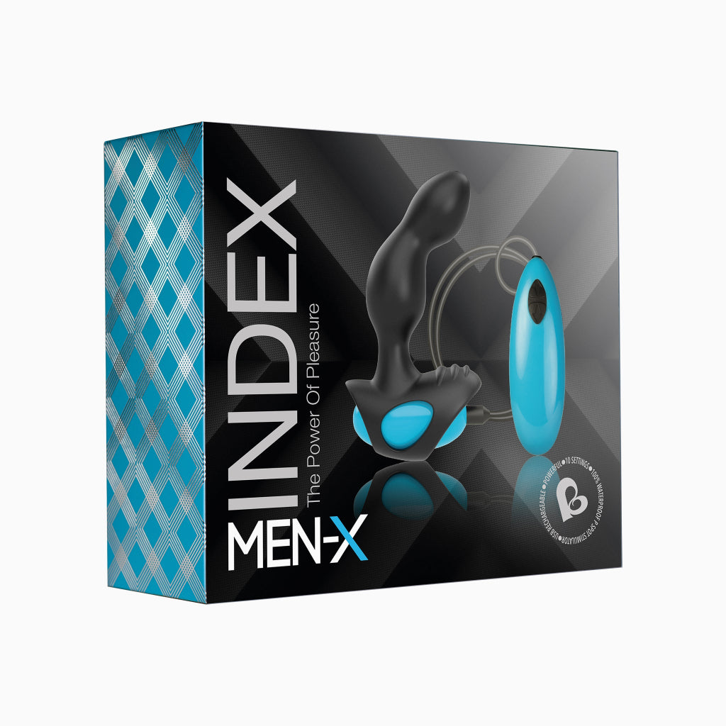 MEN-X packaging box showing black plug and blue egg remote device