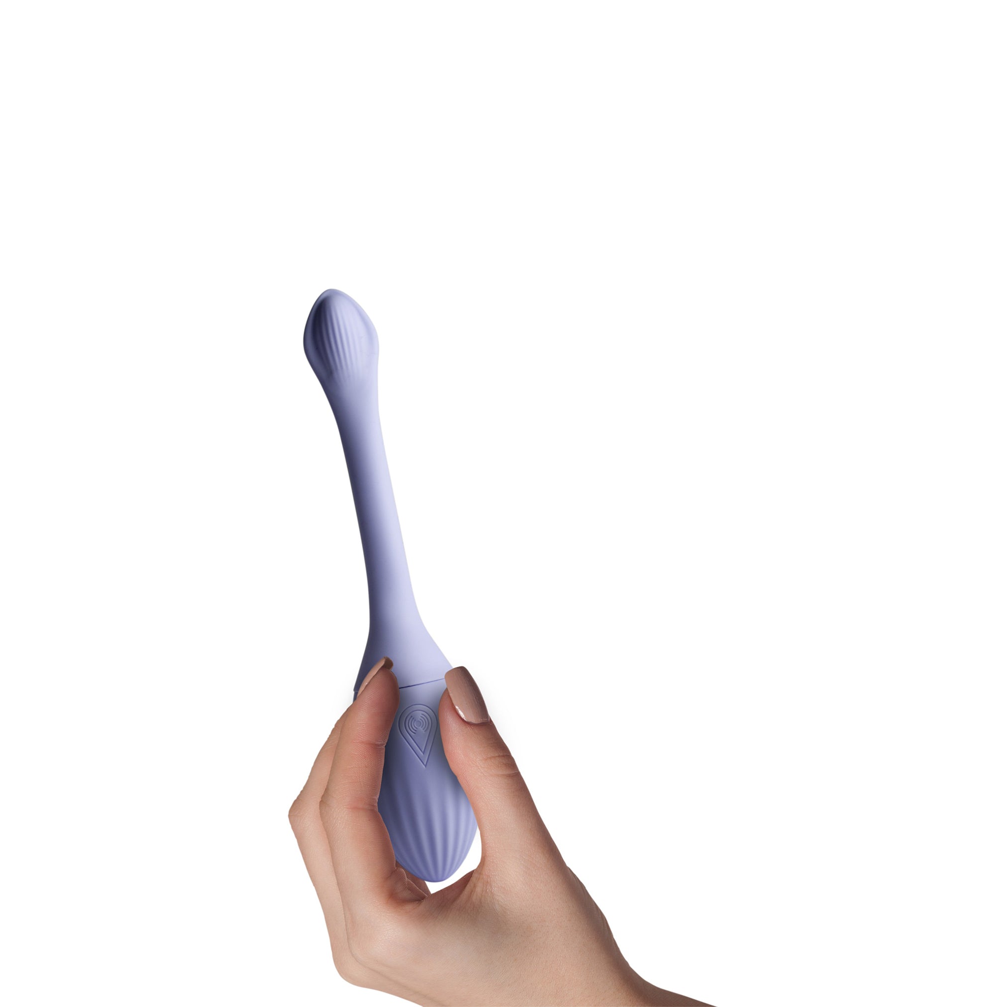 A lavender silicone NIYA N1 held by a hand against a solid white background.