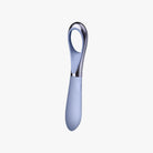 A light blue and silver Niya Finger Vibe with a looped head, shown vertically on a plain white background. 3/4 shot