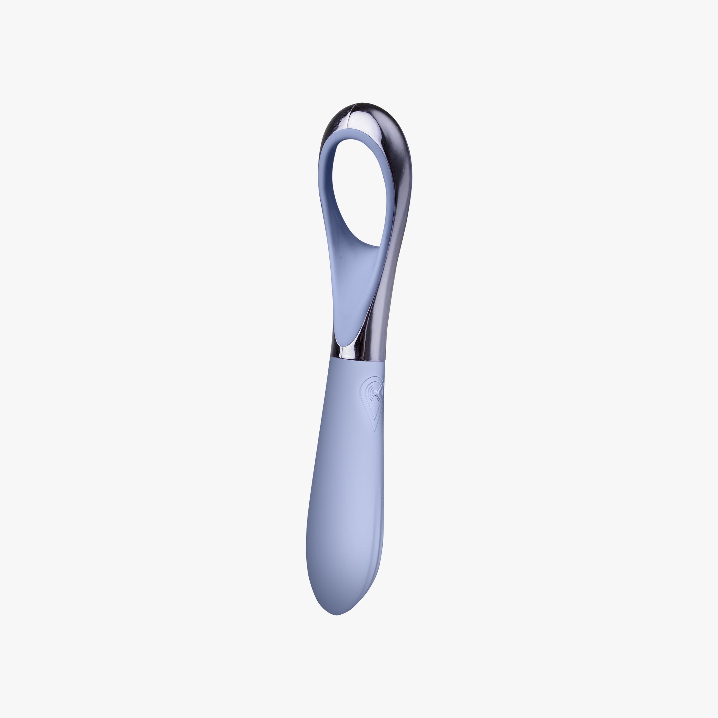 A light blue and silver Niya Finger Vibe with a looped head, shown vertically on a plain white background. 3/4 shot