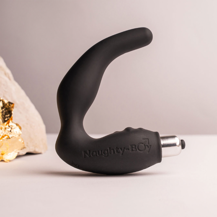 Naughty-Boy black silicone butt plug with silver tip and curved handle