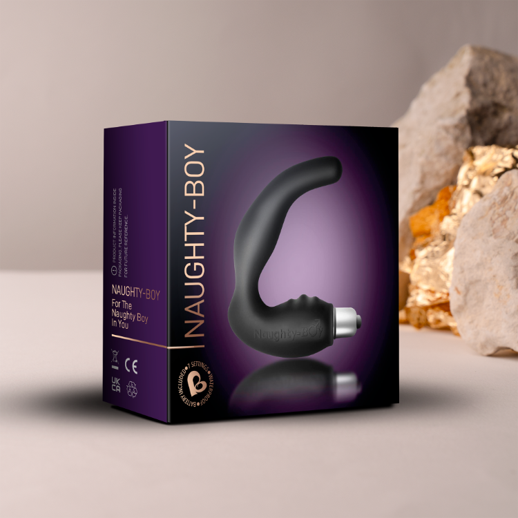Naughty-Boy butt plug product box showing black silicone plug and silver tip