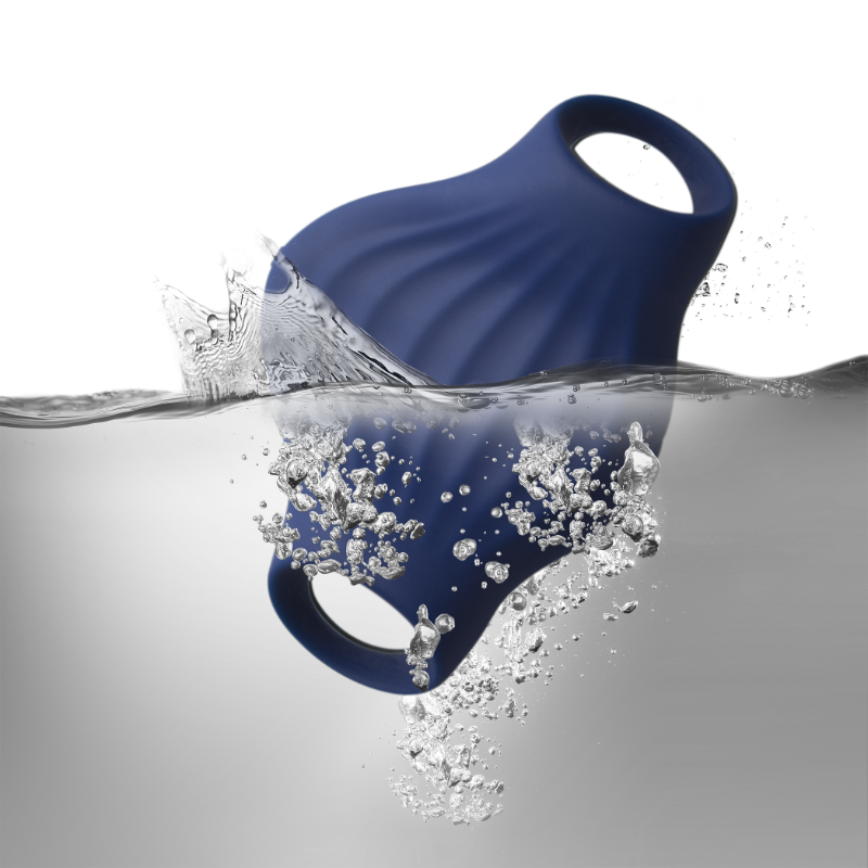 Blue flexible silicone device with two loop openings; water splash and bubbles over front