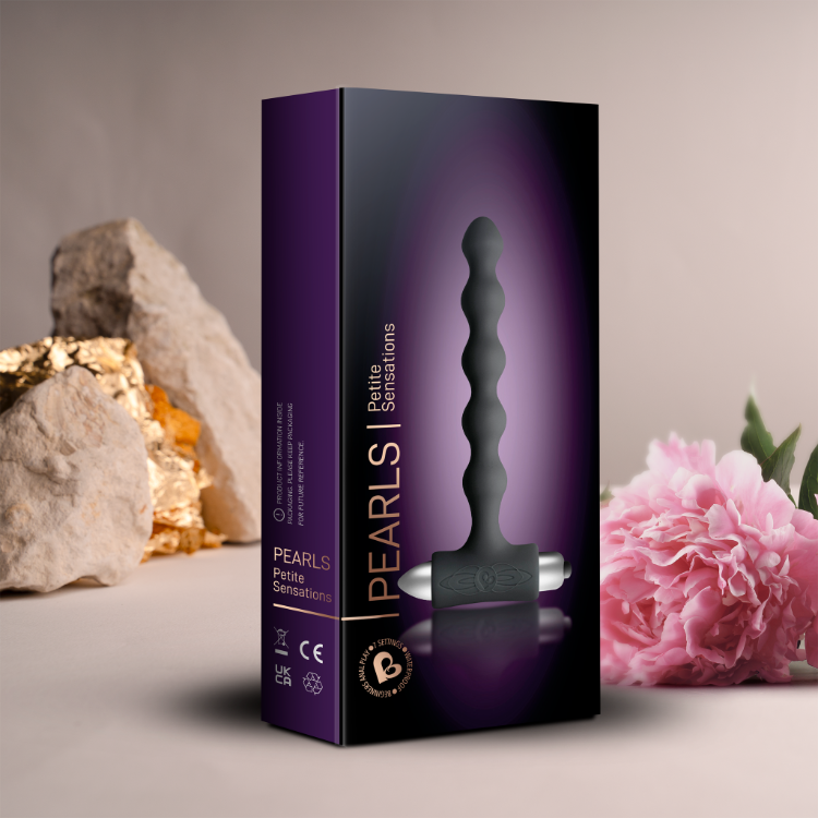 Purple vibrating anal toy product box with wavy toy silhouette