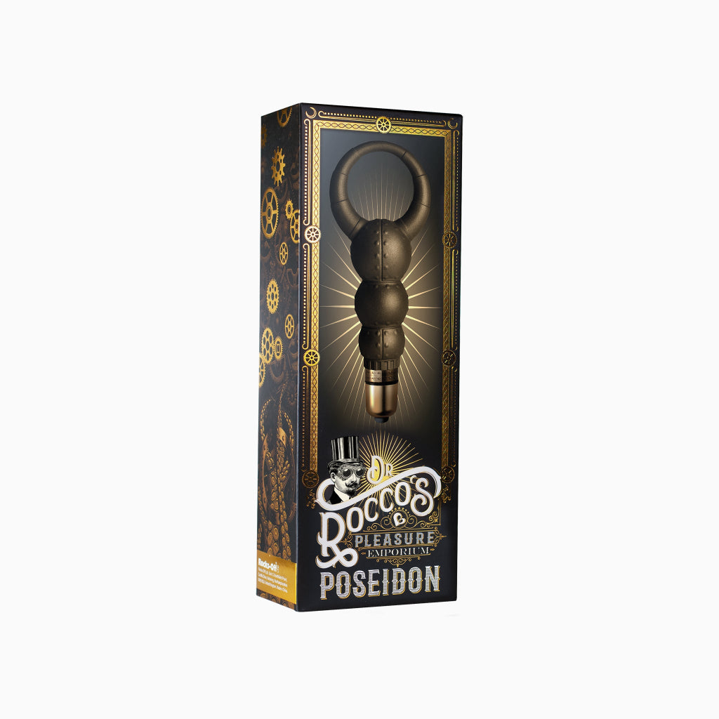 Poseidon boxed gold-toned handheld massager with loop handle, blister display