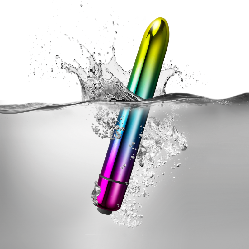 Water spray over rainbow bullet vibrator with magenta base