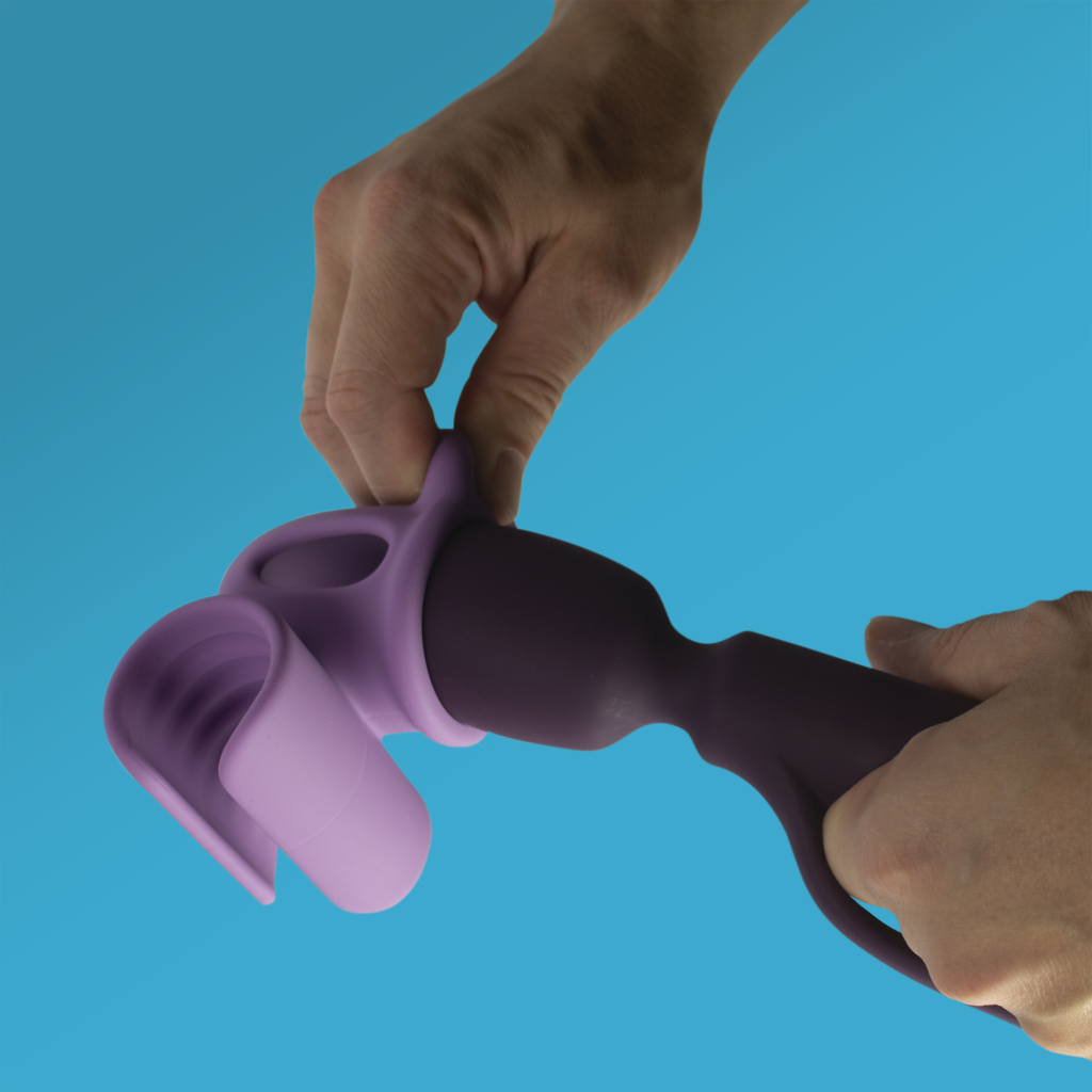 Two-piece purple silicone massager set with cup base and curved handle