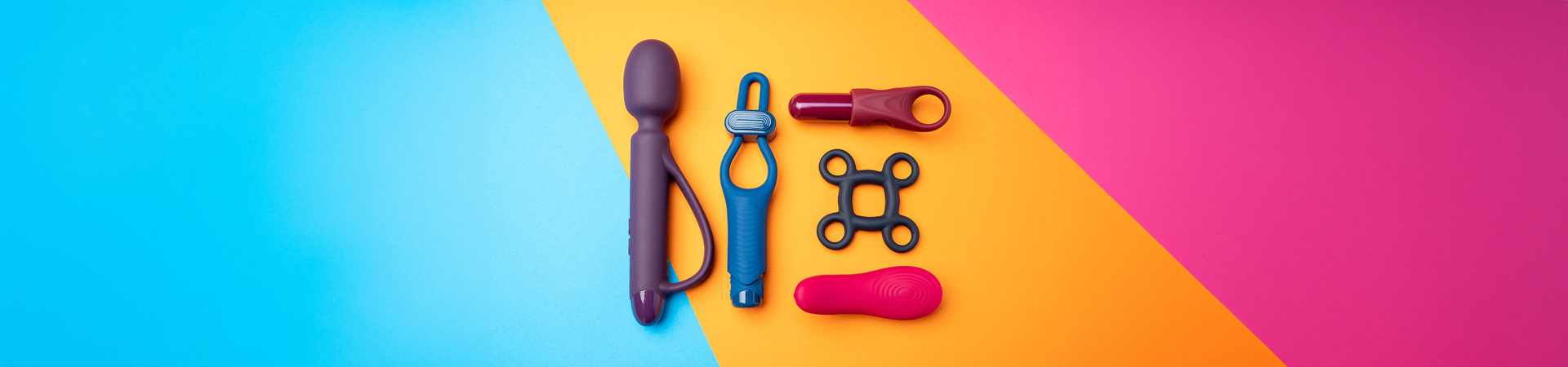 Group shot of the accessible sex toy range, Quest.