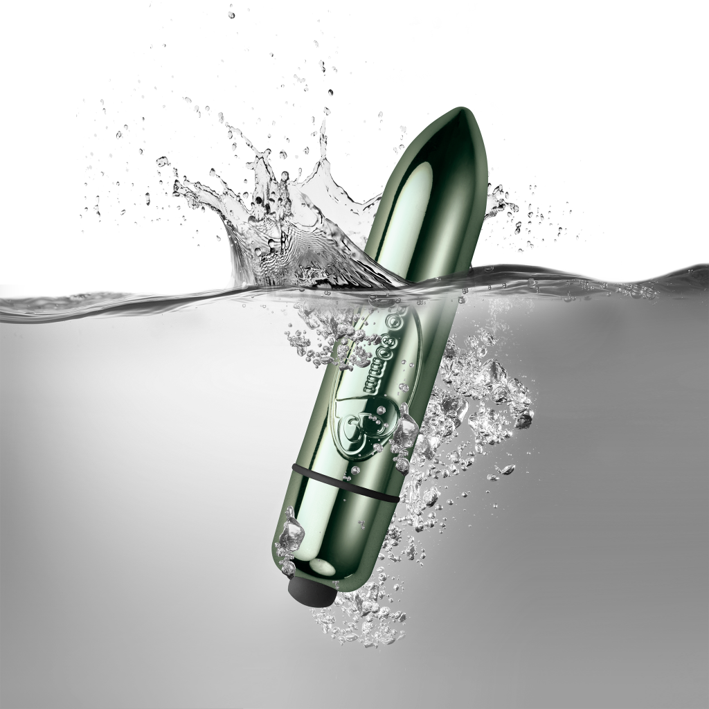 Discreet bullet massager, metallic green with glossy dark band and centered logo