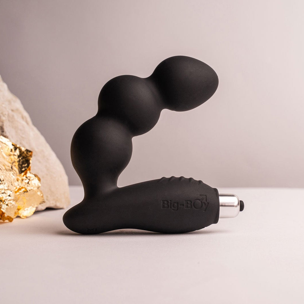Big Boy Prostate toy with three bubbled shaft and rippled perineum pleasure point, housing a removeable bullet vibrator.