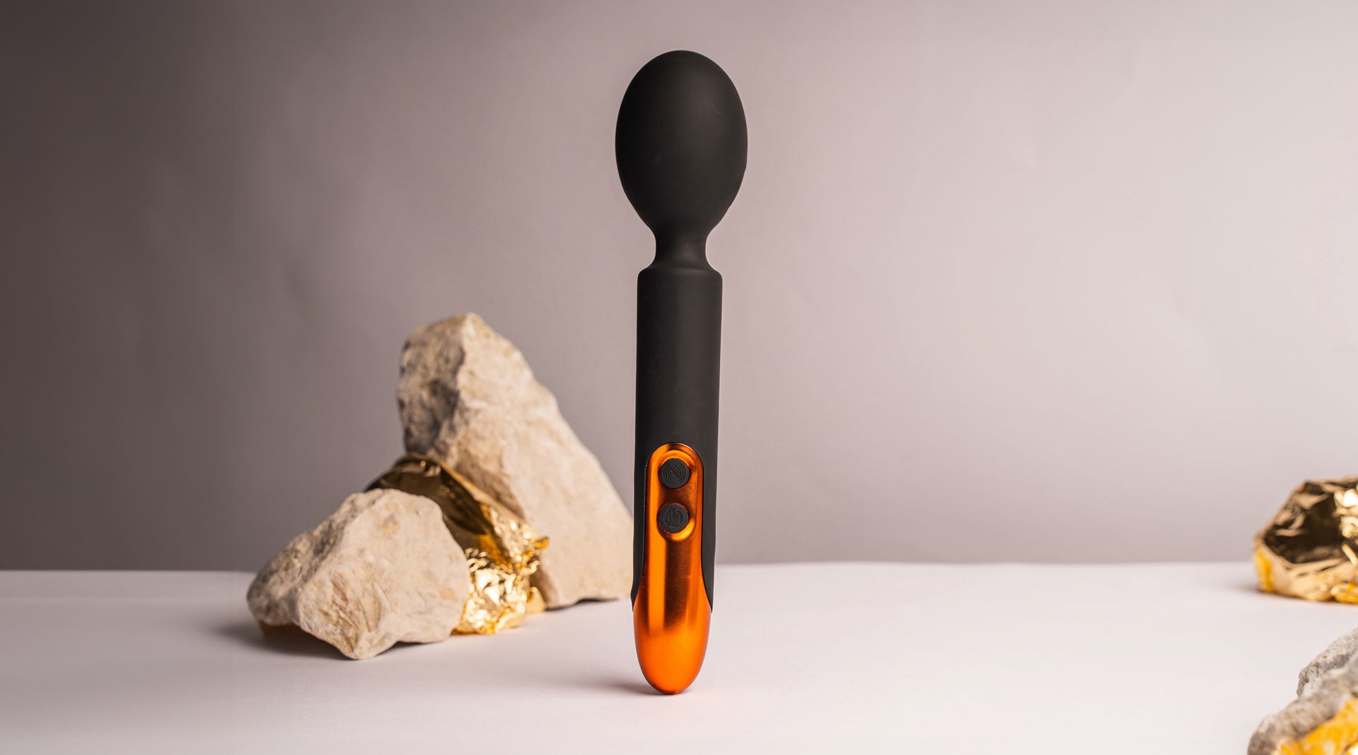 Silicone wand vibrator in black and copper.