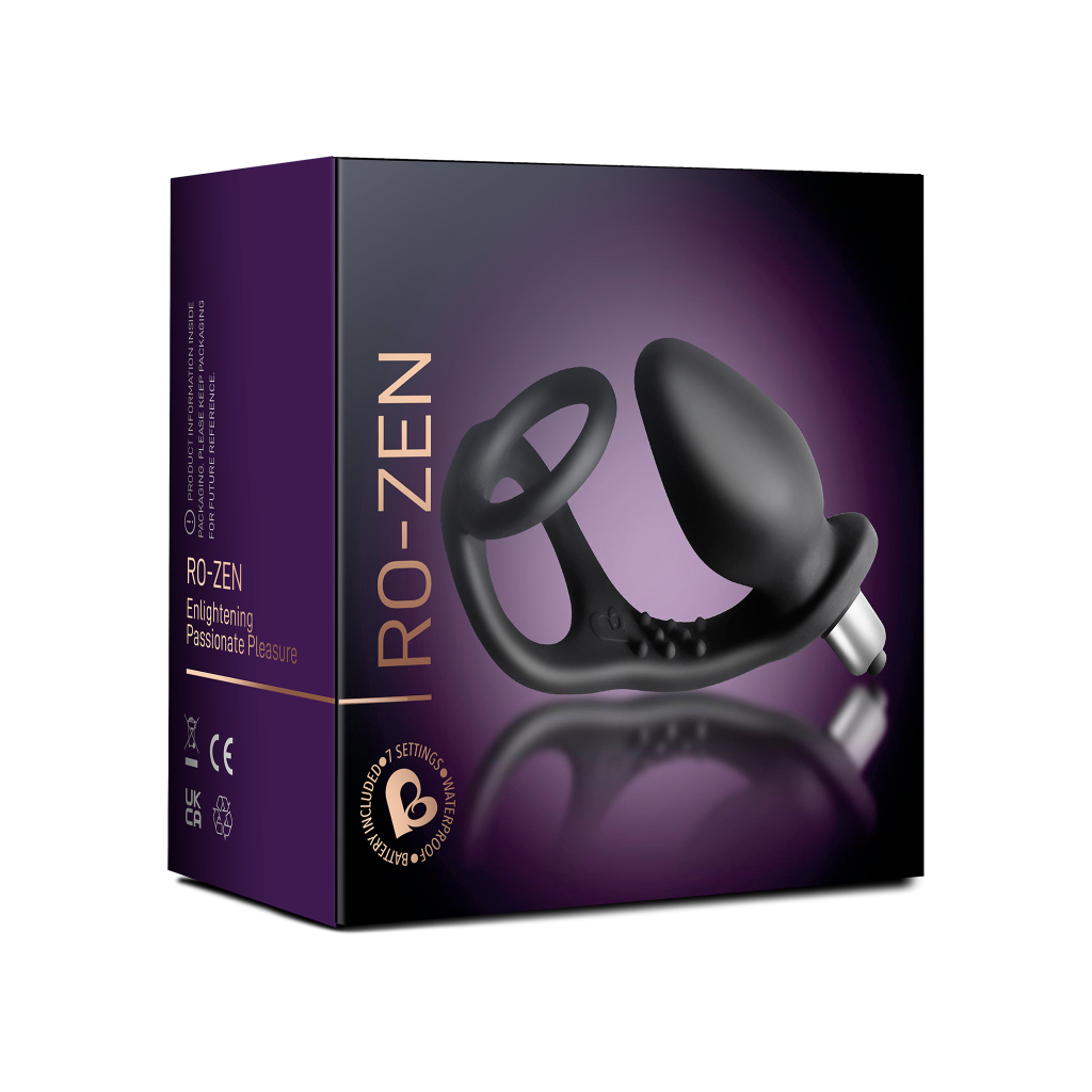 RO-Zen box with black-and-purple design and illustrated black silicone pleasure device