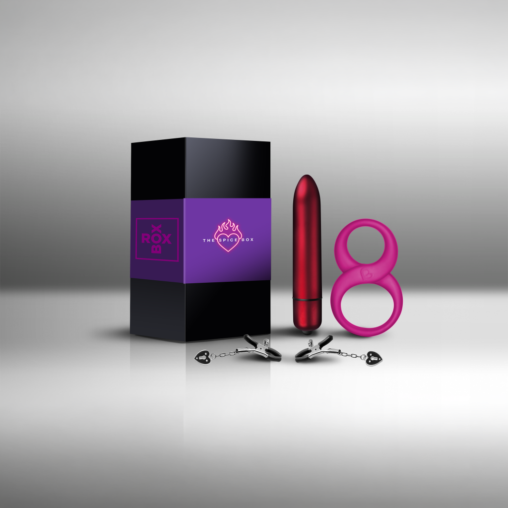 Intimate pleasure set gift box with red bullet toy, pink 8-shaped ring, and accessories