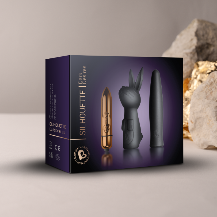 Sex toy kit box showing black rabbit-shaped device and two wand-style inserts