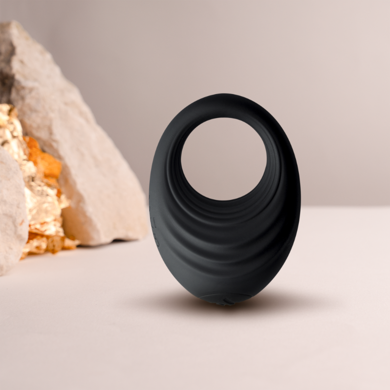 Black silicone cock ring with smooth ridged texture