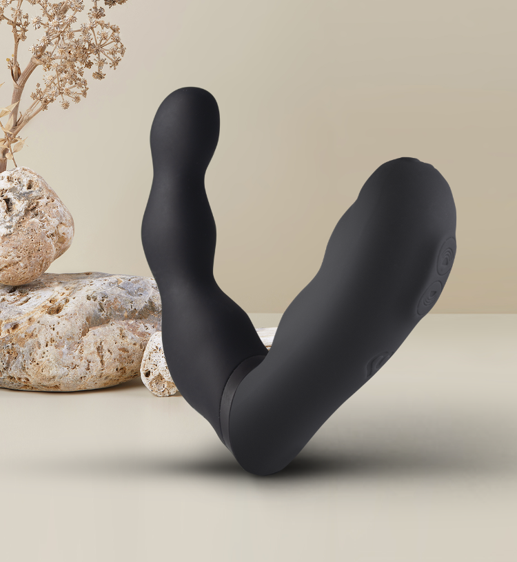 Black U-shaped prostate and anal massager with rounded tips and control area