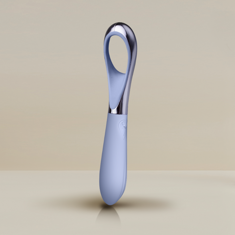 Blue and silver device on a beige background