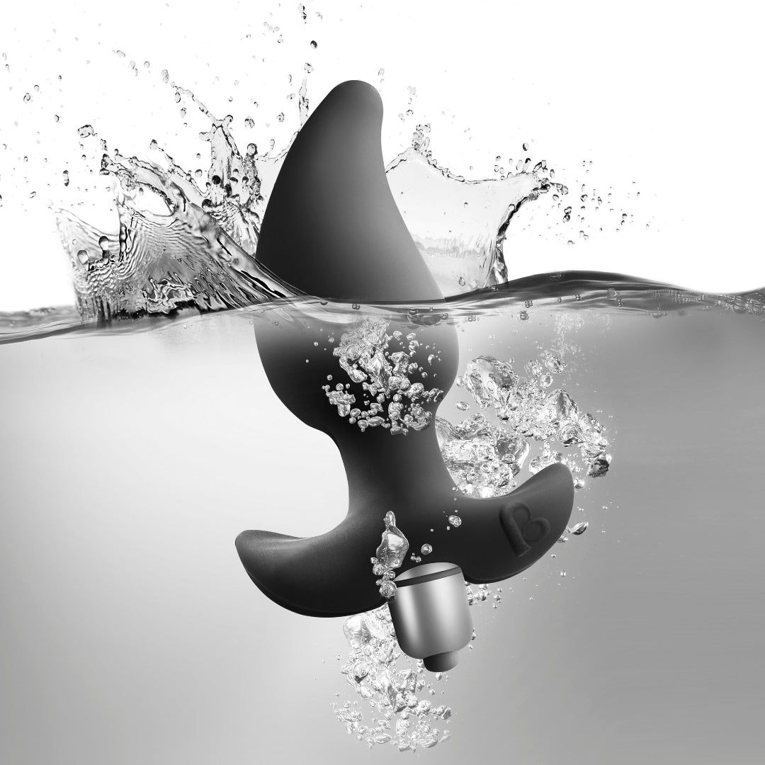 Rocks Off Butt Quiver - Black Butt Plug With Bullet Vibe - making a splash in water, waterproof design
