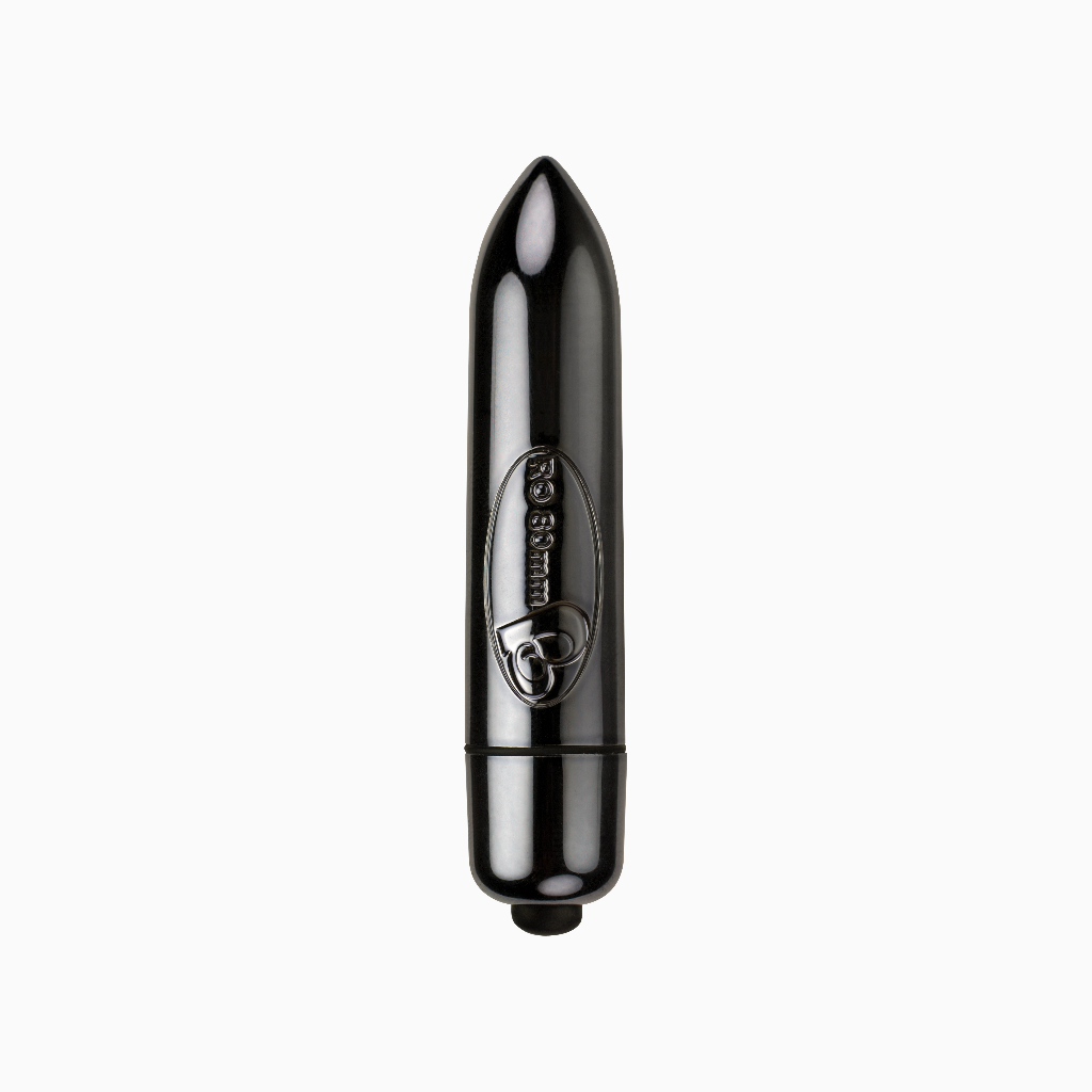 Discreet bullet massager, chrome finish with black base and centered logo