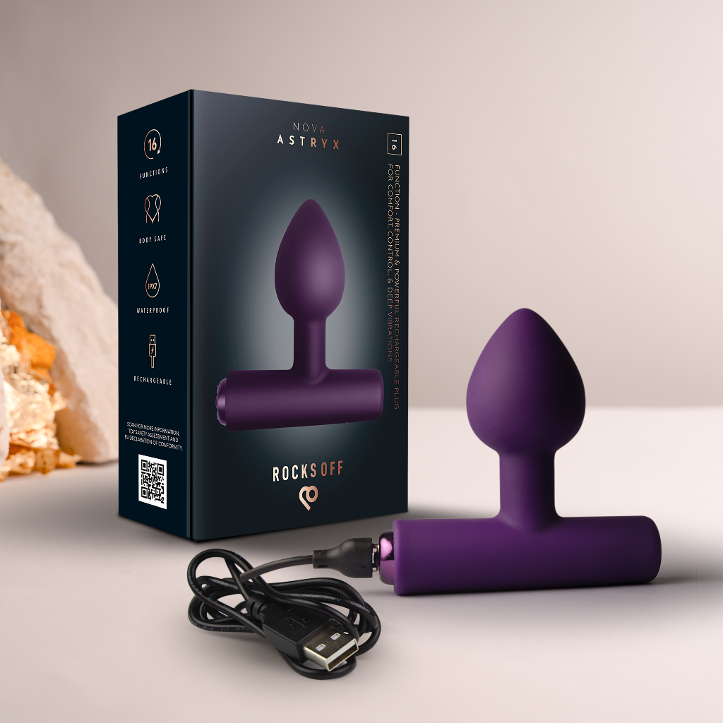 Purple silicone plug with box and USB charging cable, tapered tip and flared base